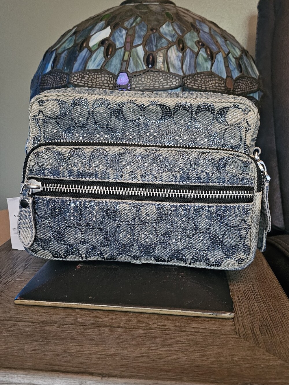 Coach Blue Denim Crystal Signature DakotaCrossbody Bag with Silver Hardware.
